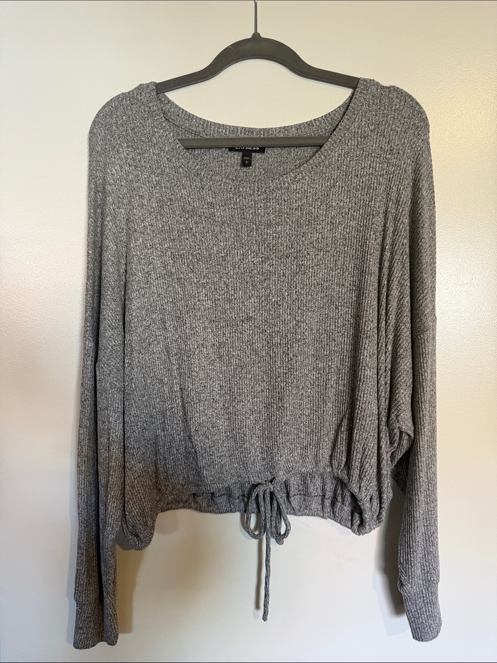 Express Gray Ribbed Drawstring Hem Long-Sleeve Top